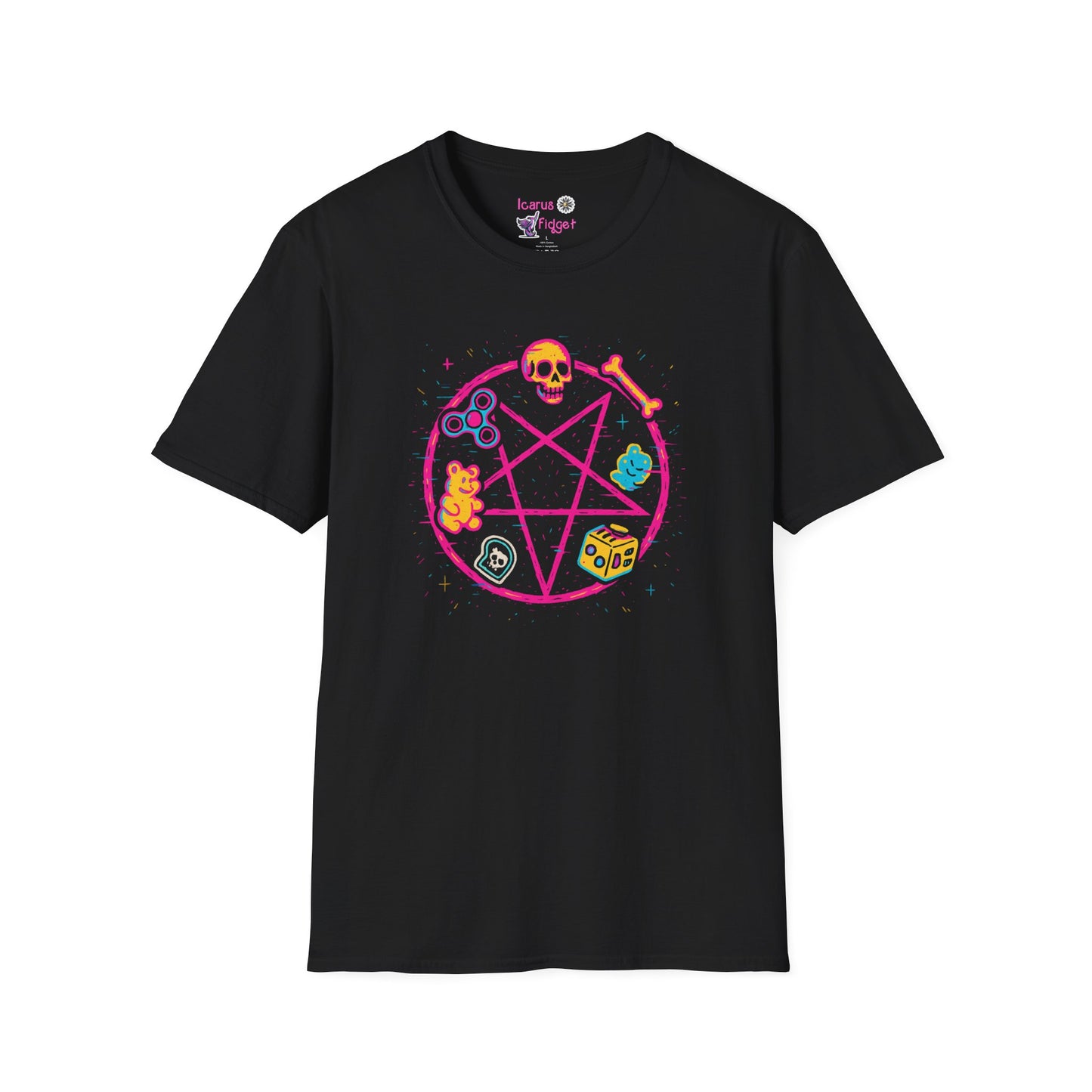 ADHD Summoning Circle Shirt, Cursed Neon Pentagram Tee with Fidget Spinner, Gummy Bear, Dice & Skull