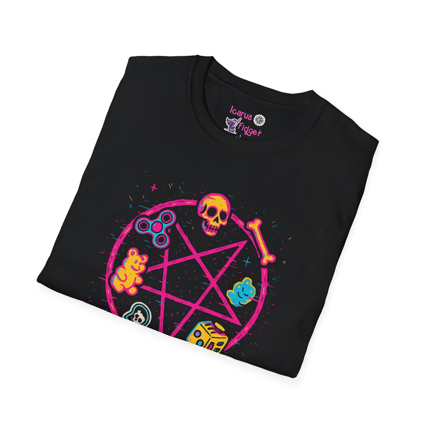 ADHD Summoning Circle Shirt, Cursed Neon Pentagram Tee with Fidget Spinner, Gummy Bear, Dice & Skull