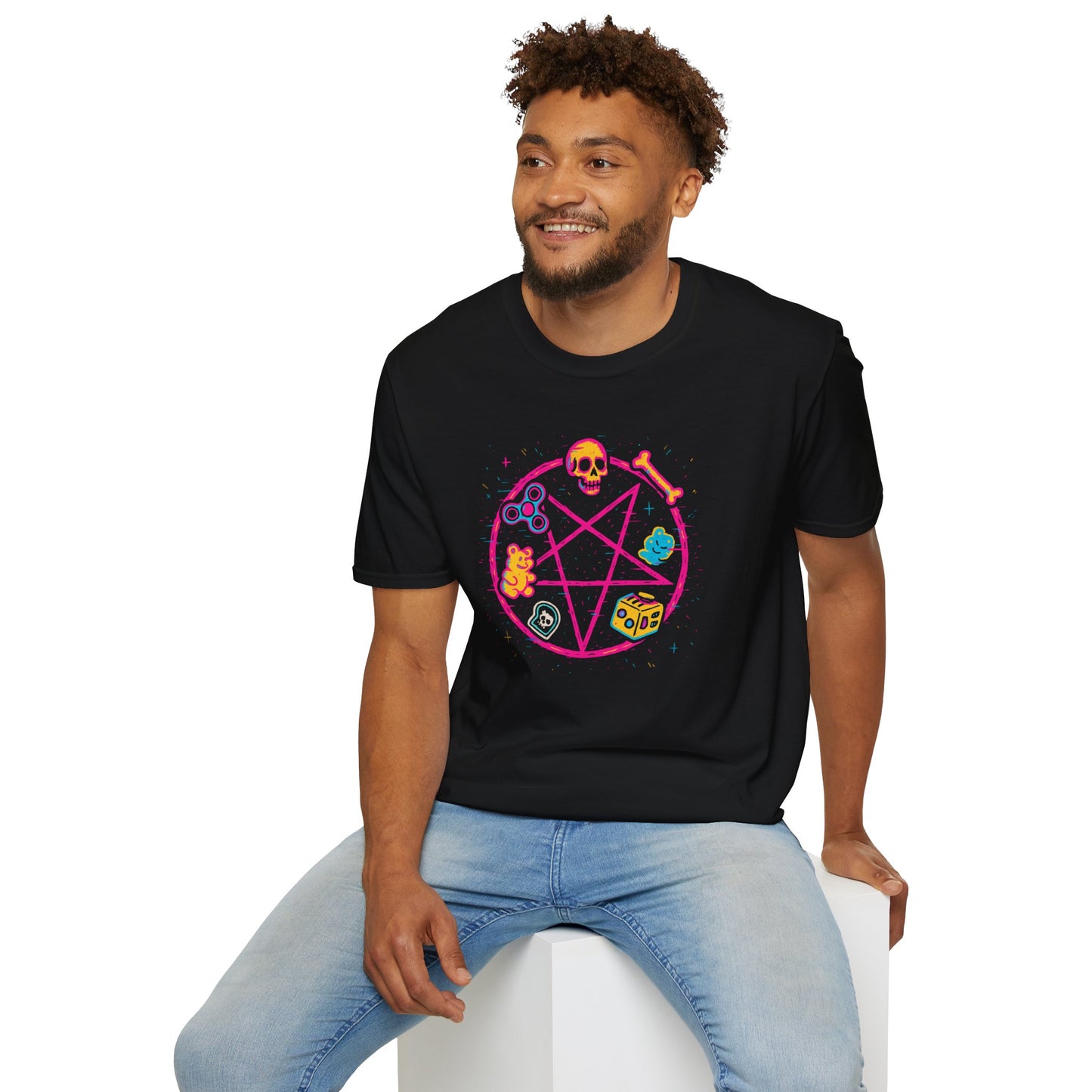 ADHD Summoning Circle Shirt, Cursed Neon Pentagram Tee with Fidget Spinner, Gummy Bear, Dice & Skull