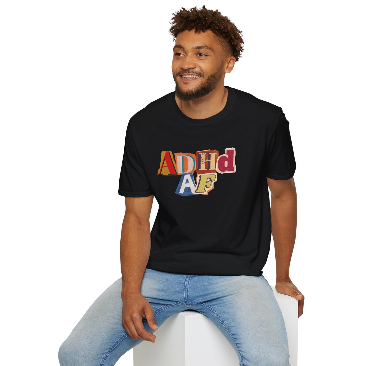 ADHD AF Collage Shirt, Neurodivergent Chaos Tee, Bold Cutout Typography Mental Health Shirt