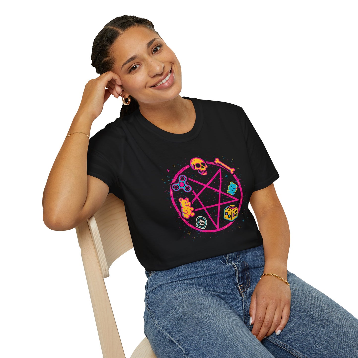 ADHD Summoning Circle Shirt, Cursed Neon Pentagram Tee with Fidget Spinner, Gummy Bear, Dice & Skull