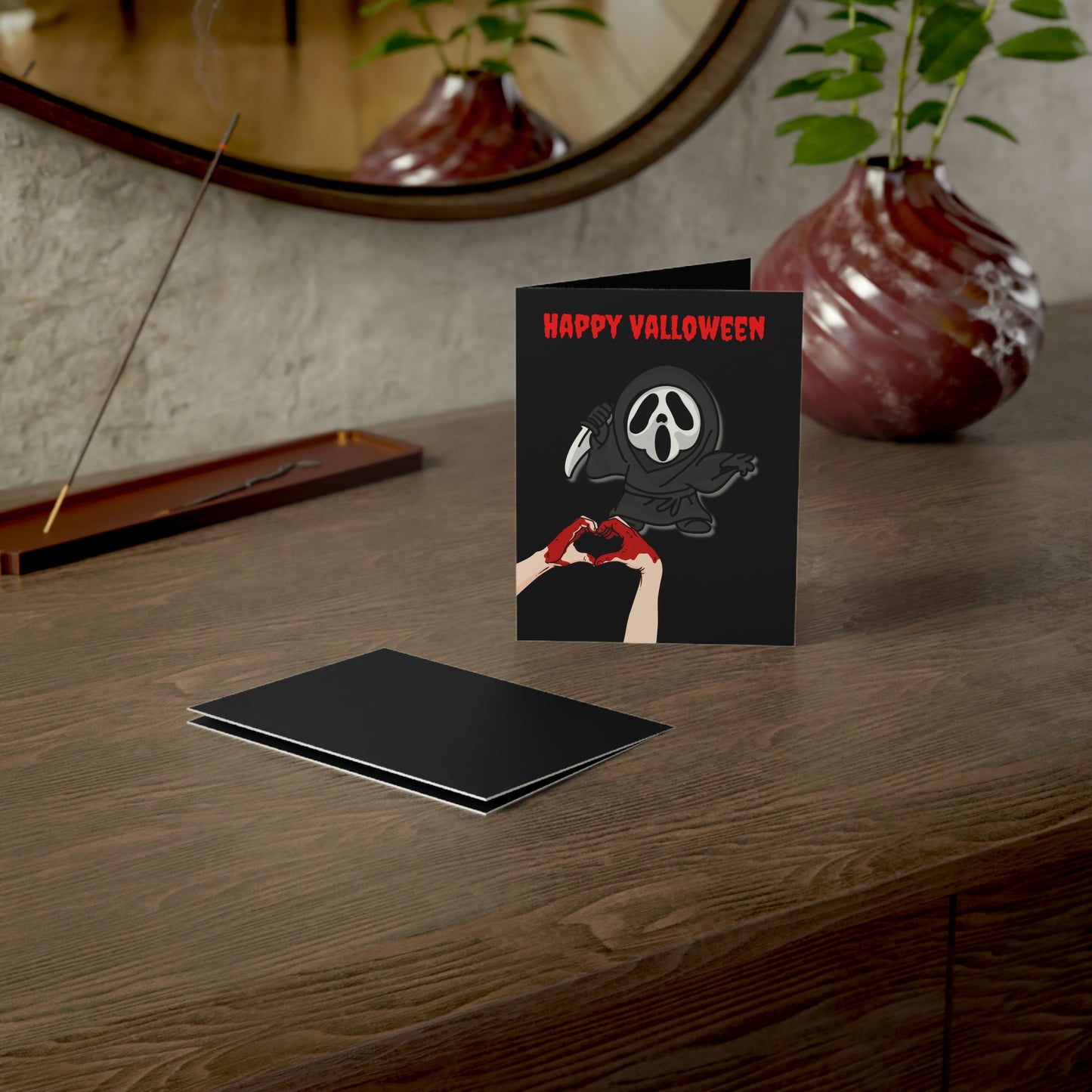 Valloween Card with Ghostface Killer and Bloody Heart Hands - Cute Horror Greeting Card for Spooky Season or Horror Fans (1 card)