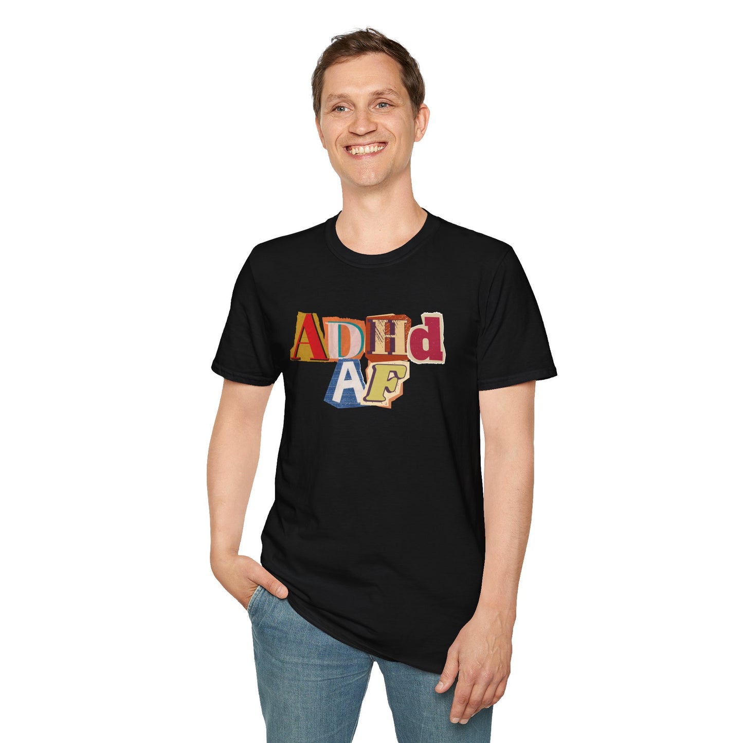 ADHD AF Collage Shirt, Neurodivergent Chaos Tee, Bold Cutout Typography Mental Health Shirt