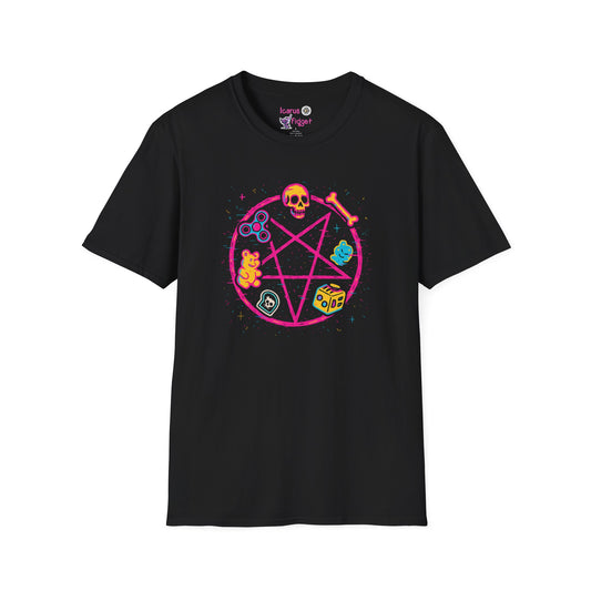 ADHD Summoning Circle Shirt, Cursed Neon Pentagram Tee with Fidget Spinner, Gummy Bear, Dice & Skull
