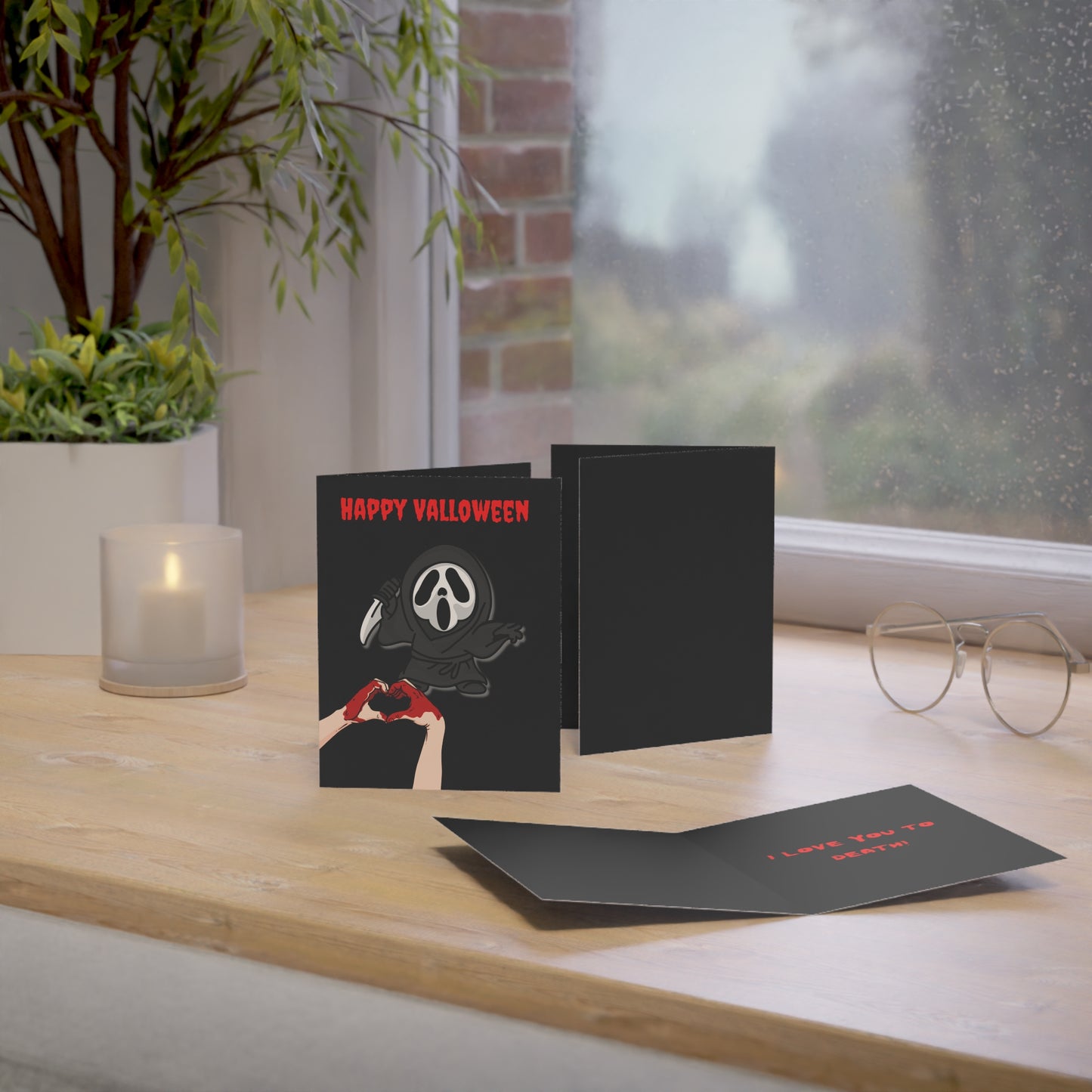 Valloween Card with Ghostface Killer and Bloody Heart Hands - Cute Horror Greeting Card for Spooky Season or Horror Fans (1 card)