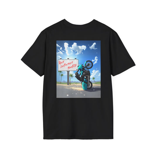 Unisex Softstyle T-Shirt: Edgy Street Vibes, Perfect for Adventure Lovers, Casual Wear, Gift for Motorcyclists, Unique Graphic Tee