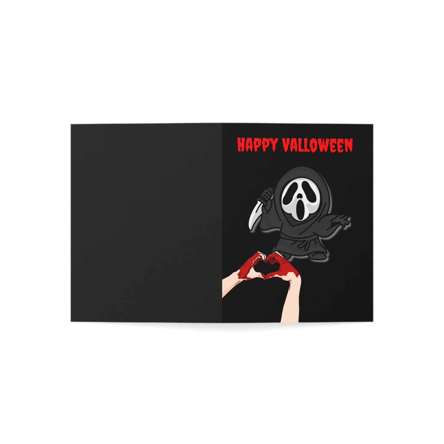 Valloween Card with Ghostface Killer and Bloody Heart Hands - Cute Horror Greeting Card for Spooky Season or Horror Fans (1 card)