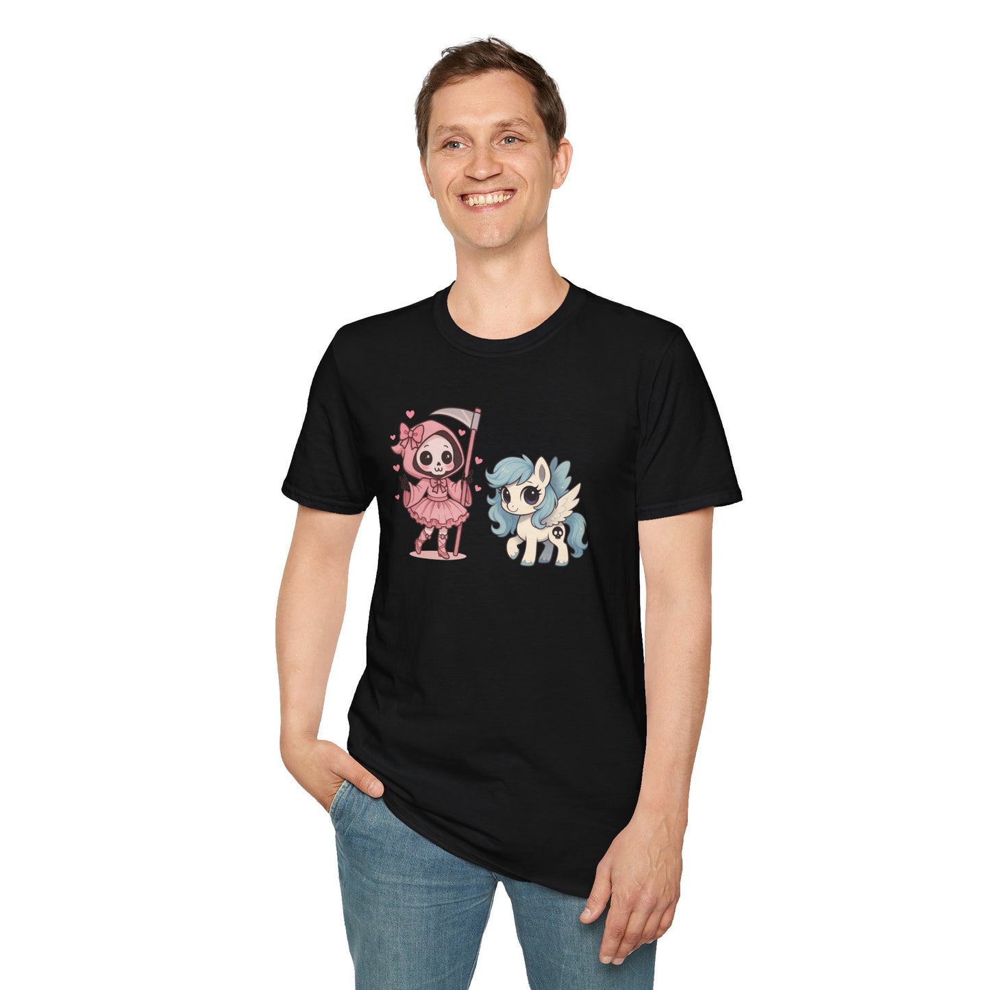Death and Their Pale Horse Shirt, Kawaii Grim Reaper & Pony Tee, Pastel Goth T Shirt, Cute Apocalypse Meme Design