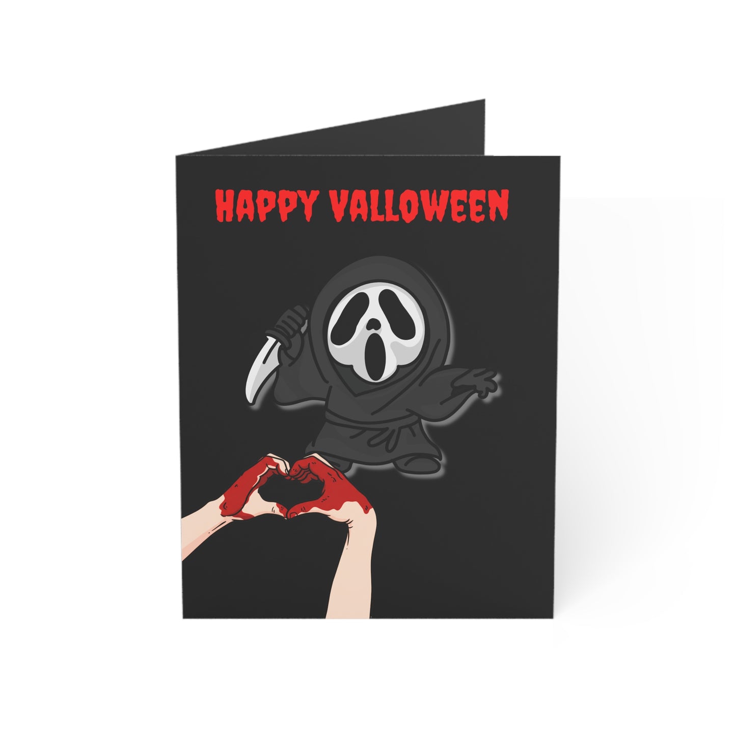 Valloween Card with Ghostface Killer and Bloody Heart Hands - Cute Horror Greeting Card for Spooky Season or Horror Fans (1 card)