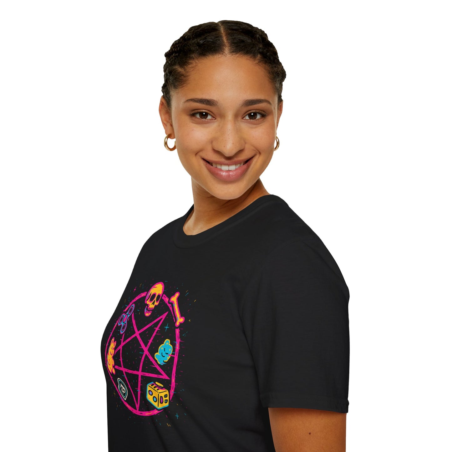 ADHD Summoning Circle Shirt, Cursed Neon Pentagram Tee with Fidget Spinner, Gummy Bear, Dice & Skull