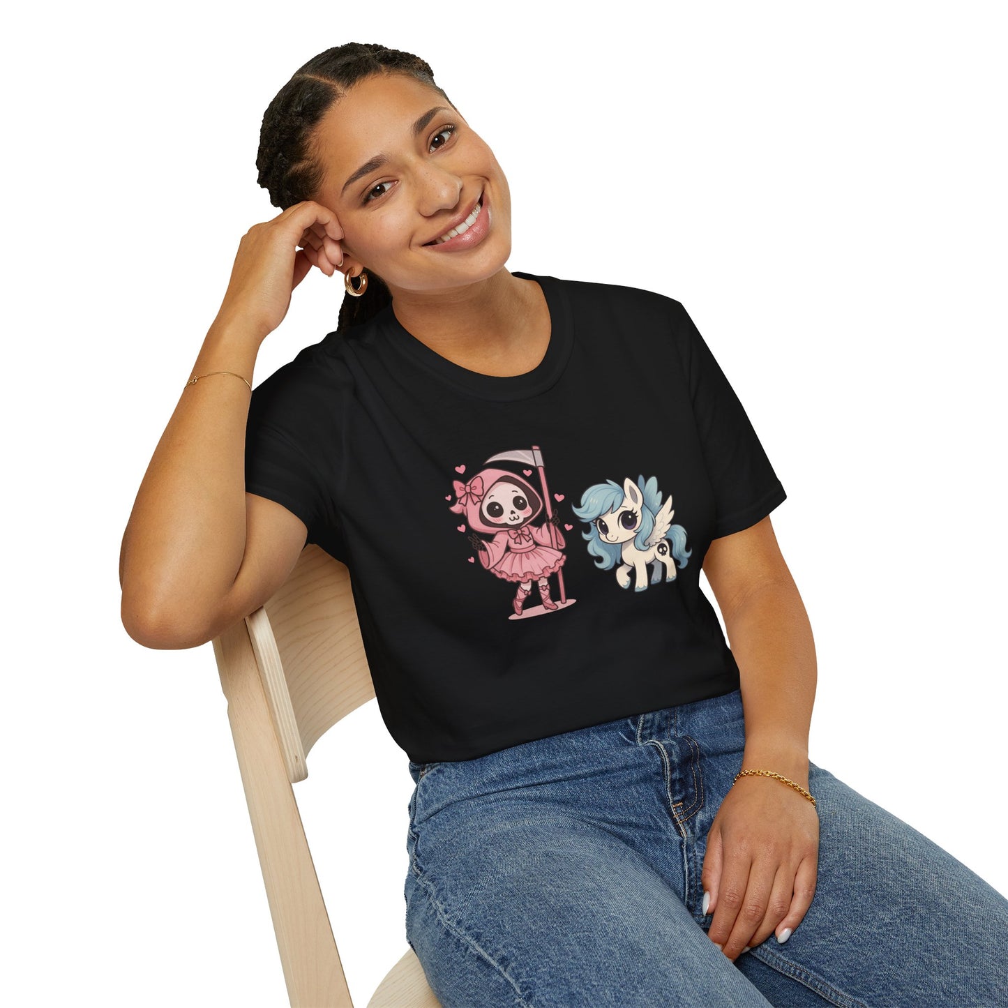 Death and Their Pale Horse Shirt, Kawaii Grim Reaper & Pony Tee, Pastel Goth T Shirt, Cute Apocalypse Meme Design