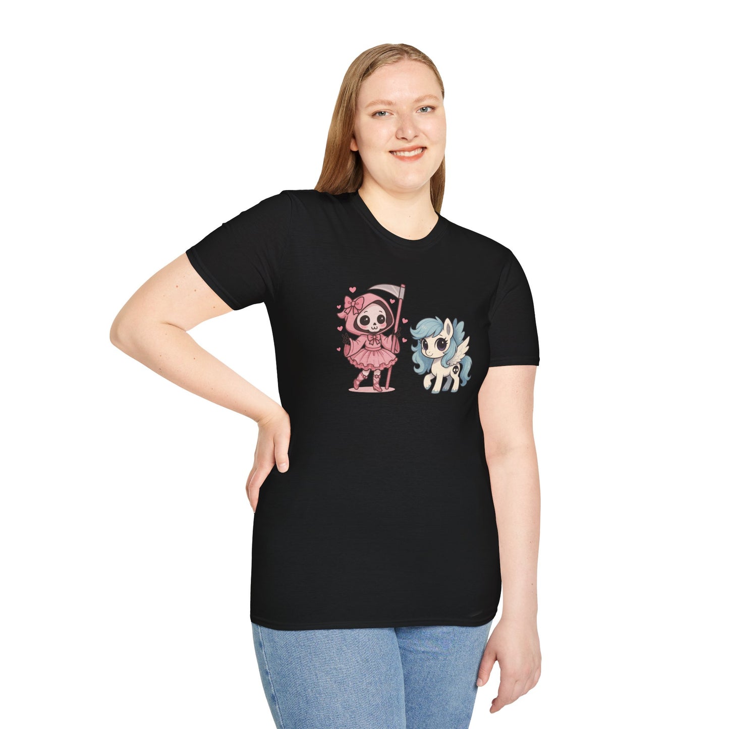 Death and Their Pale Horse Shirt, Kawaii Grim Reaper & Pony Tee, Pastel Goth T Shirt, Cute Apocalypse Meme Design
